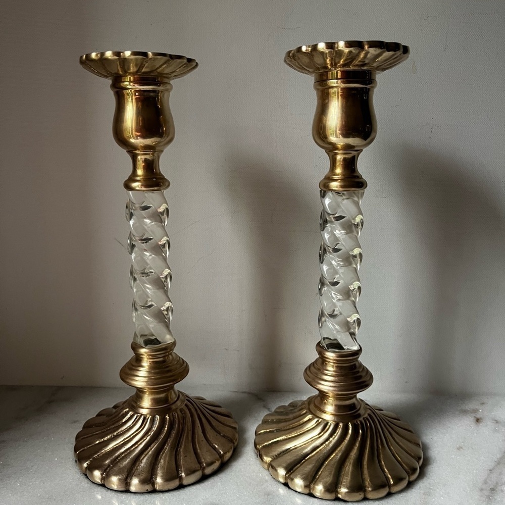 Elegant Gold brass and Clear lucid Candlestick Holders 10.5” set of 2 - Picture 2 of 10